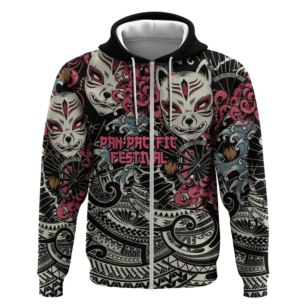 Personalized Japanese Kitsune Mask Zip Hoodie With Polynesian Arty Style