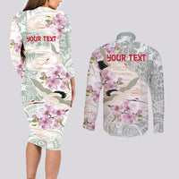Personalized Japanese Shirasagi Bird Couples Matching Long Sleeve Bodycon Dress and Long Sleeve Button Shirt Sakura and Hibiscus Polynesian Pattern