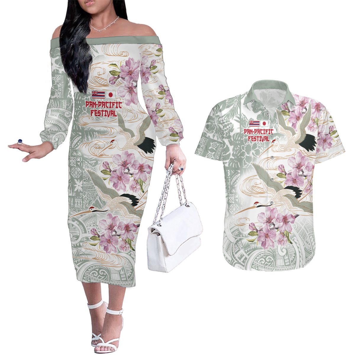 Personalized Japanese Shirasagi Bird Couples Matching Off The Shoulder Long Sleeve Dress and Hawaiian Shirt Sakura and Hibiscus Polynesian Pattern