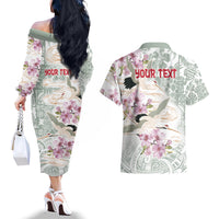 Personalized Japanese Shirasagi Bird Couples Matching Off The Shoulder Long Sleeve Dress and Hawaiian Shirt Sakura and Hibiscus Polynesian Pattern