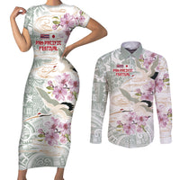 Personalized Japanese Shirasagi Bird Couples Matching Short Sleeve Bodycon Dress and Long Sleeve Button Shirt Sakura and Hibiscus Polynesian Pattern