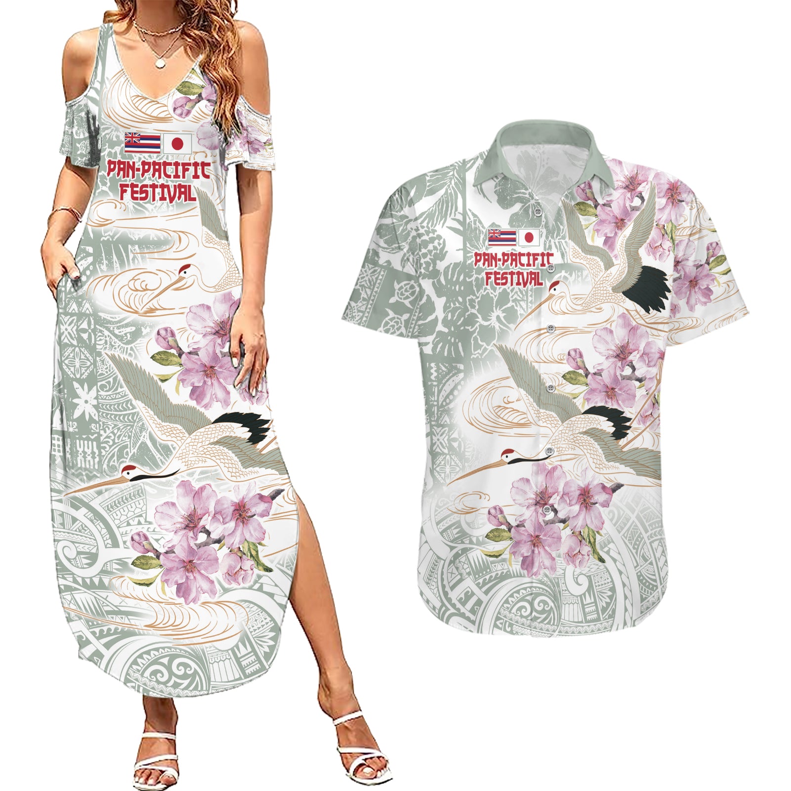 Personalized Japanese Shirasagi Bird Couples Matching Summer Maxi Dress and Hawaiian Shirt Sakura and Hibiscus Polynesian Pattern