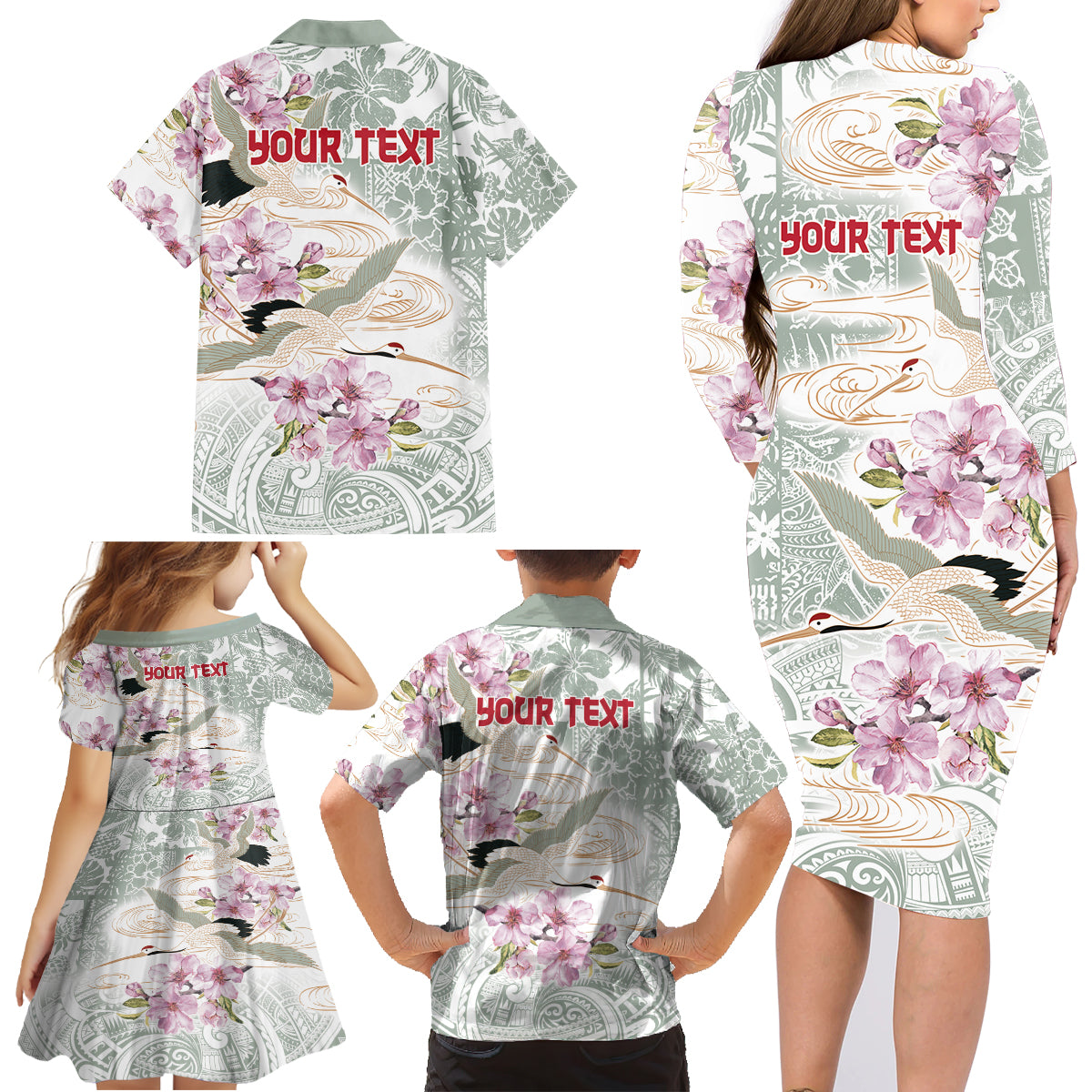 Personalized Japanese Shirasagi Bird Family Matching Long Sleeve Bodycon Dress and Hawaiian Shirt Sakura and Hibiscus Polynesian Pattern