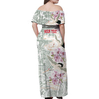 Personalized Japanese Shirasagi Bird Family Matching Off Shoulder Maxi Dress and Hawaiian Shirt Sakura and Hibiscus Polynesian Pattern