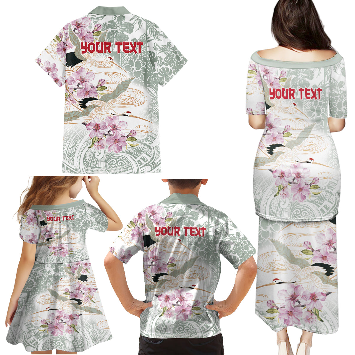 Personalized Japanese Shirasagi Bird Family Matching Puletasi and Hawaiian Shirt Sakura and Hibiscus Polynesian Pattern