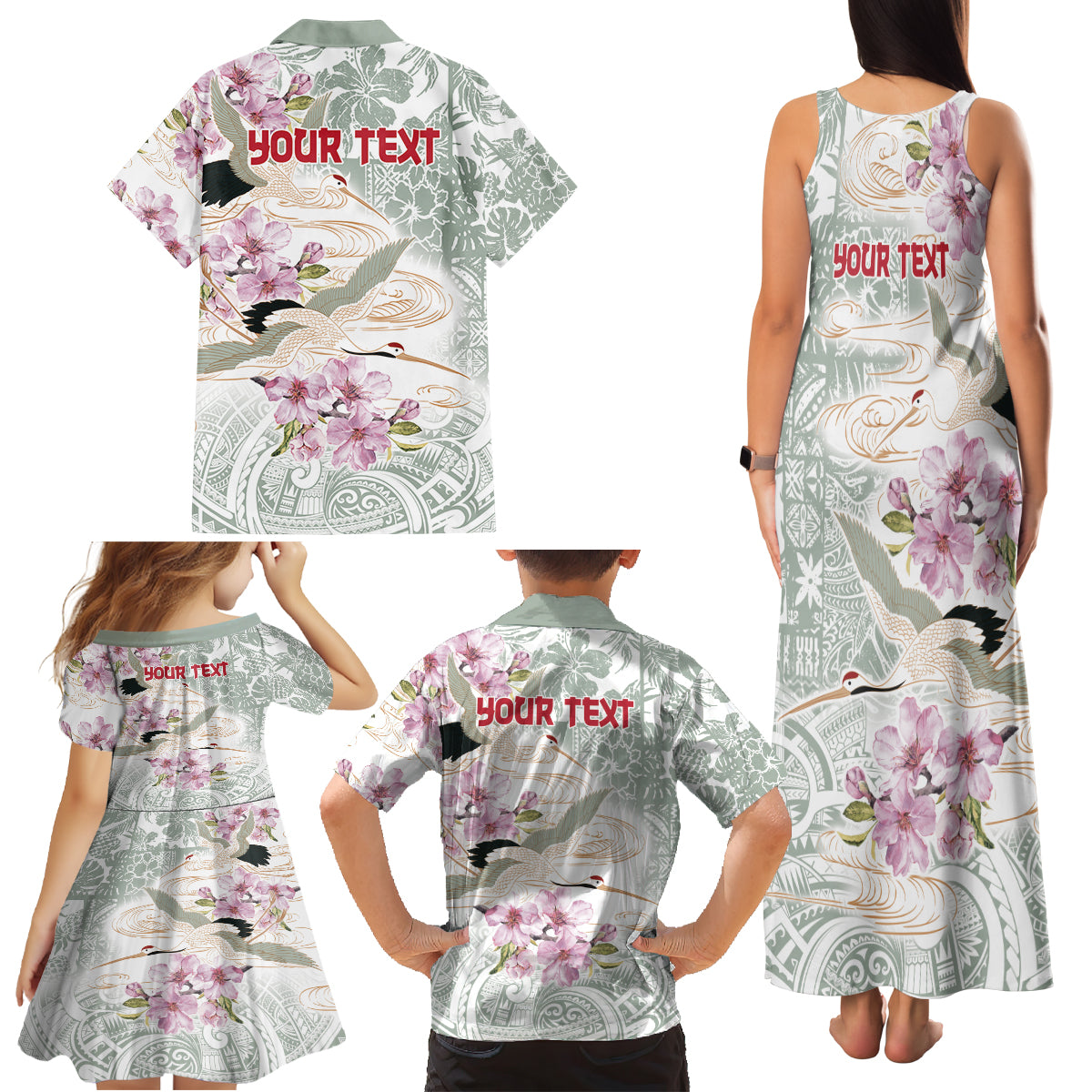 Personalized Japanese Shirasagi Bird Family Matching Tank Maxi Dress and Hawaiian Shirt Sakura and Hibiscus Polynesian Pattern