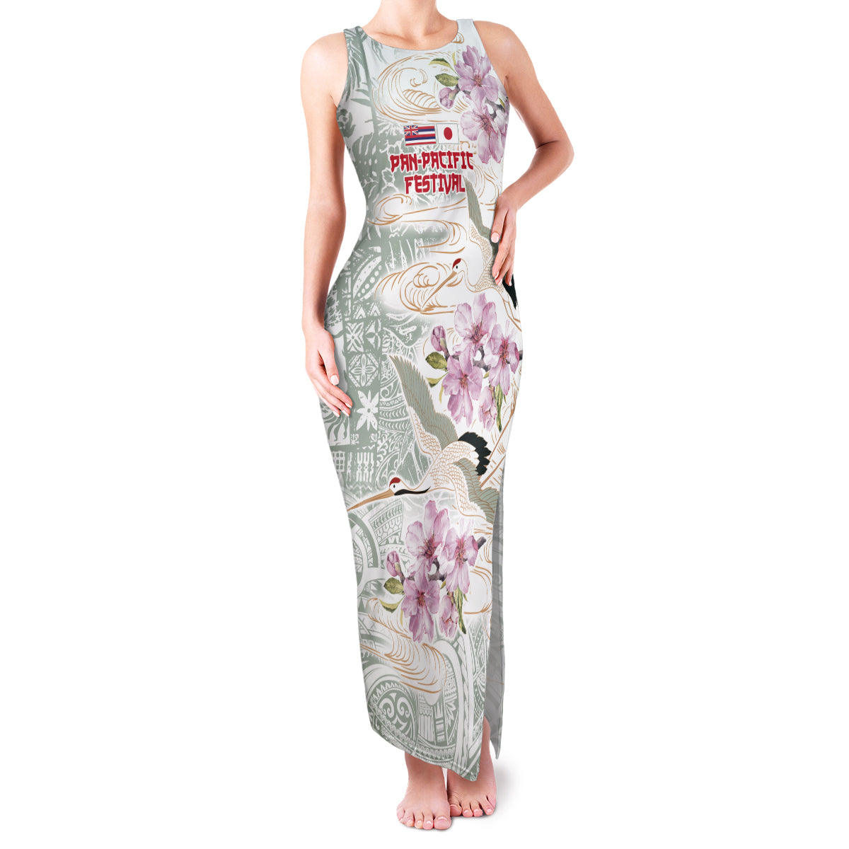 Personalized Japanese Shirasagi Bird Family Matching Tank Maxi Dress and Hawaiian Shirt Sakura and Hibiscus Polynesian Pattern