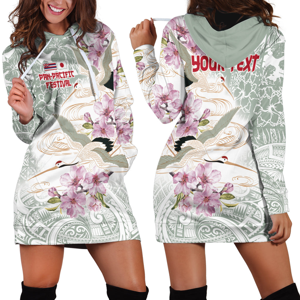 Personalized Japanese Shirasagi Bird Hoodie Dress Sakura and Hibiscus Polynesian Pattern