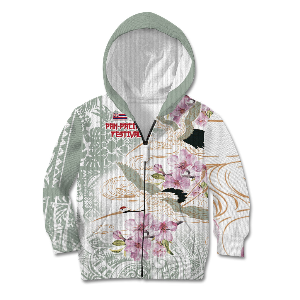 Personalized Japanese Shirasagi Bird Kid Hoodie Sakura and Hibiscus Polynesian Pattern