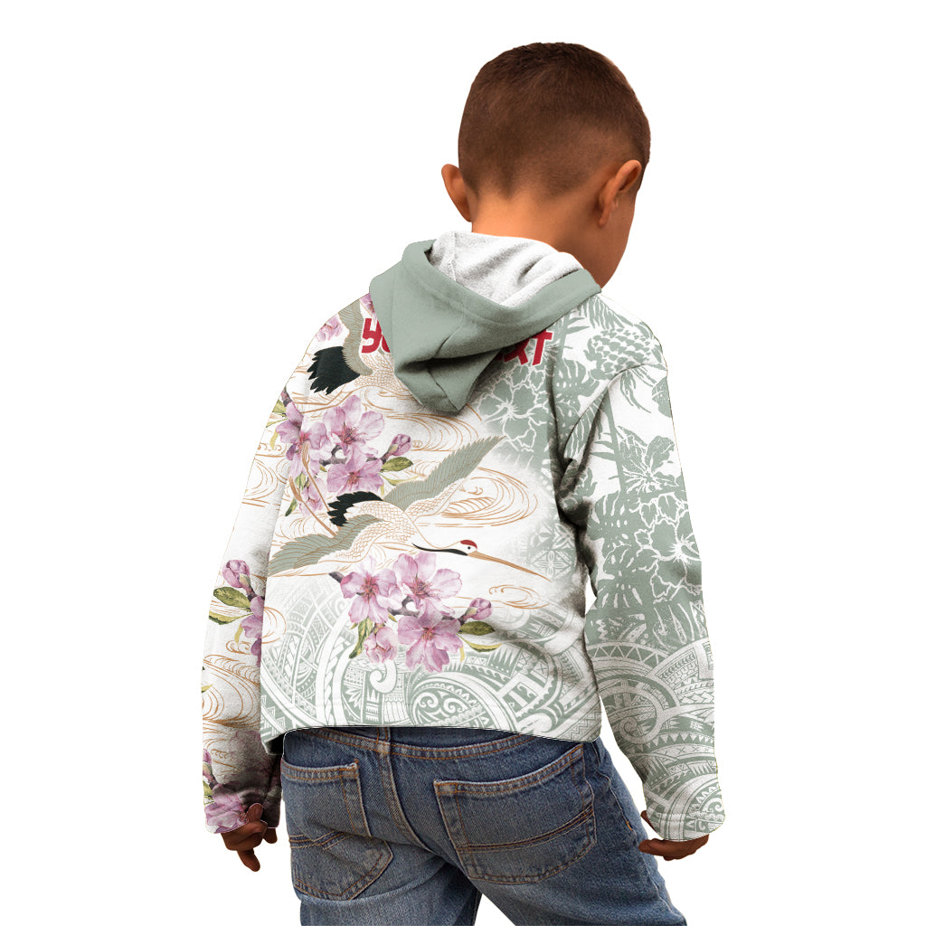 Personalized Japanese Shirasagi Bird Kid Hoodie Sakura and Hibiscus Polynesian Pattern