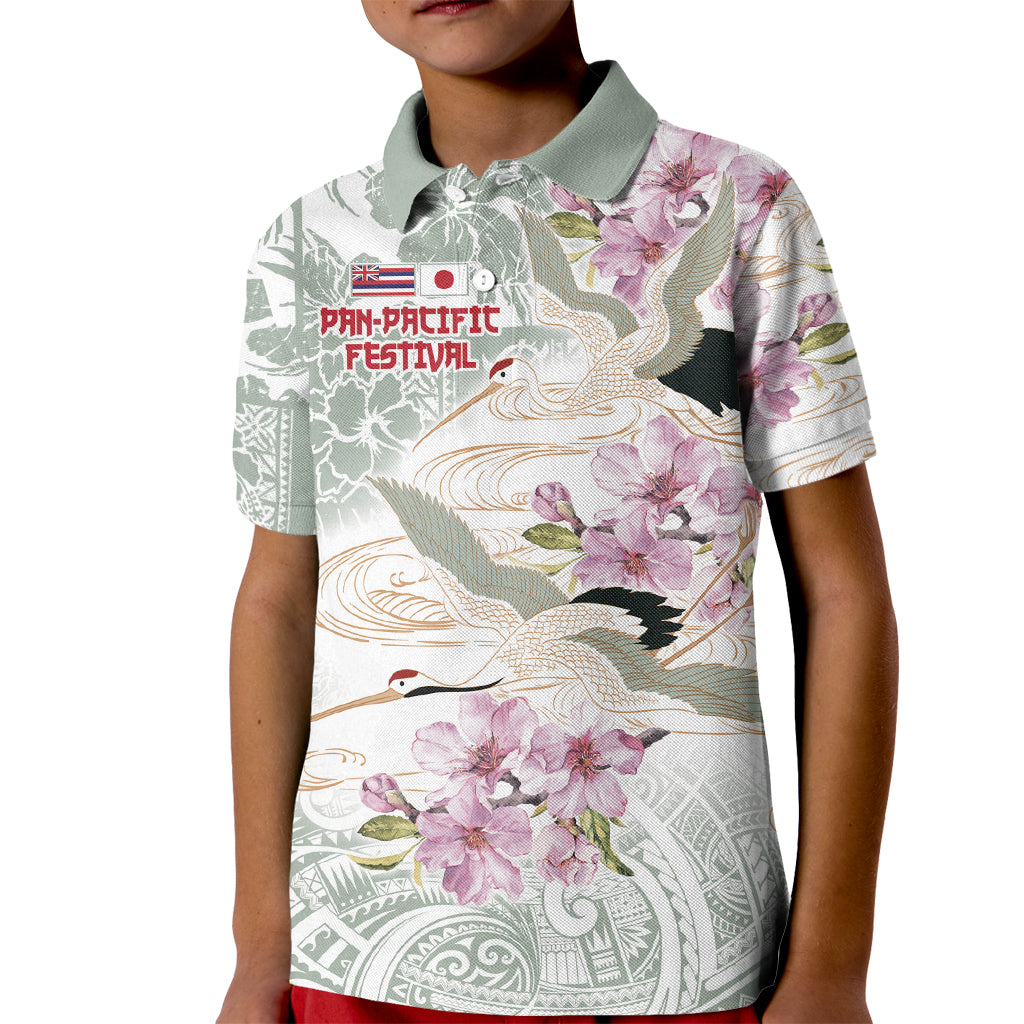 Personalized Japanese Shirasagi Bird Kid Polo Shirt Sakura and Hibiscus Polynesian Pattern