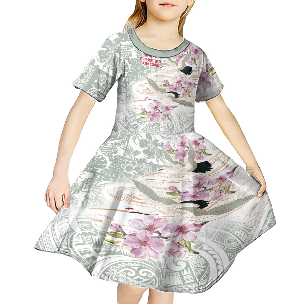 Personalized Japanese Shirasagi Bird Kid Short Sleeve Dress Sakura and Hibiscus Polynesian Pattern