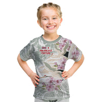Personalized Japanese Shirasagi Bird Kid T Shirt Sakura and Hibiscus Polynesian Pattern
