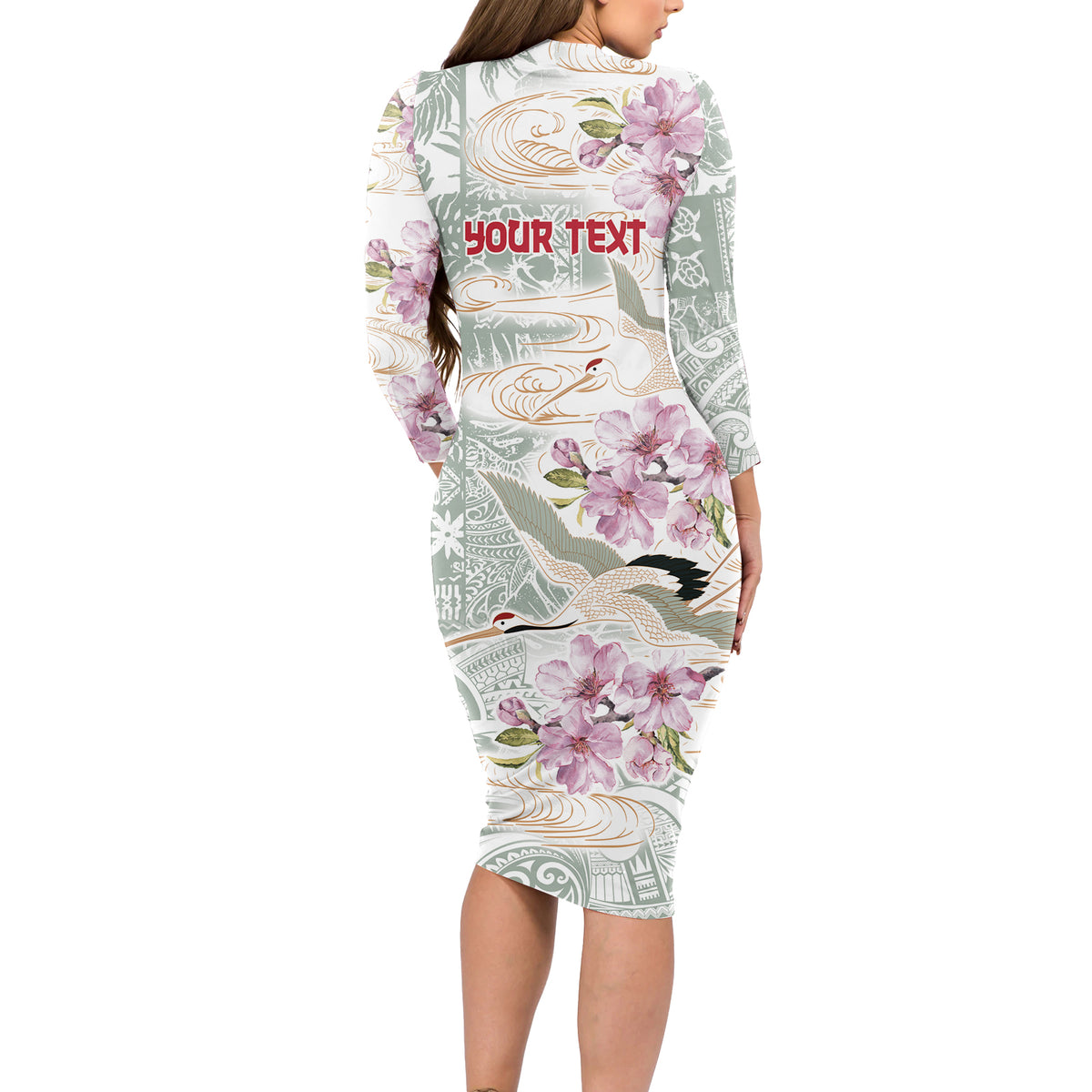 Personalized Japanese Shirasagi Bird Long Sleeve Bodycon Dress Sakura and Hibiscus Polynesian Pattern