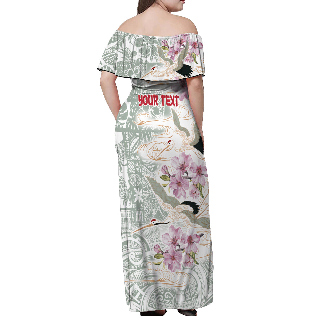 Personalized Japanese Shirasagi Bird Off Shoulder Maxi Dress Sakura and Hibiscus Polynesian Pattern