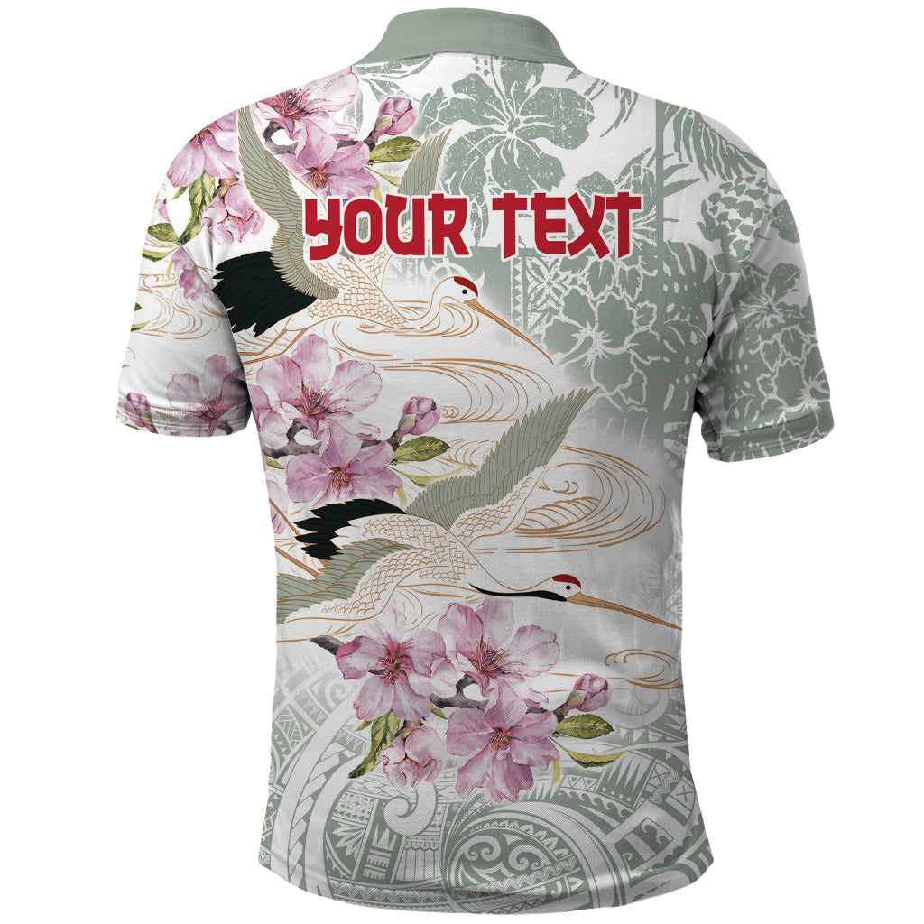 Personalized Japanese Shirasagi Bird Polo Shirt Sakura and Hibiscus Polynesian Pattern
