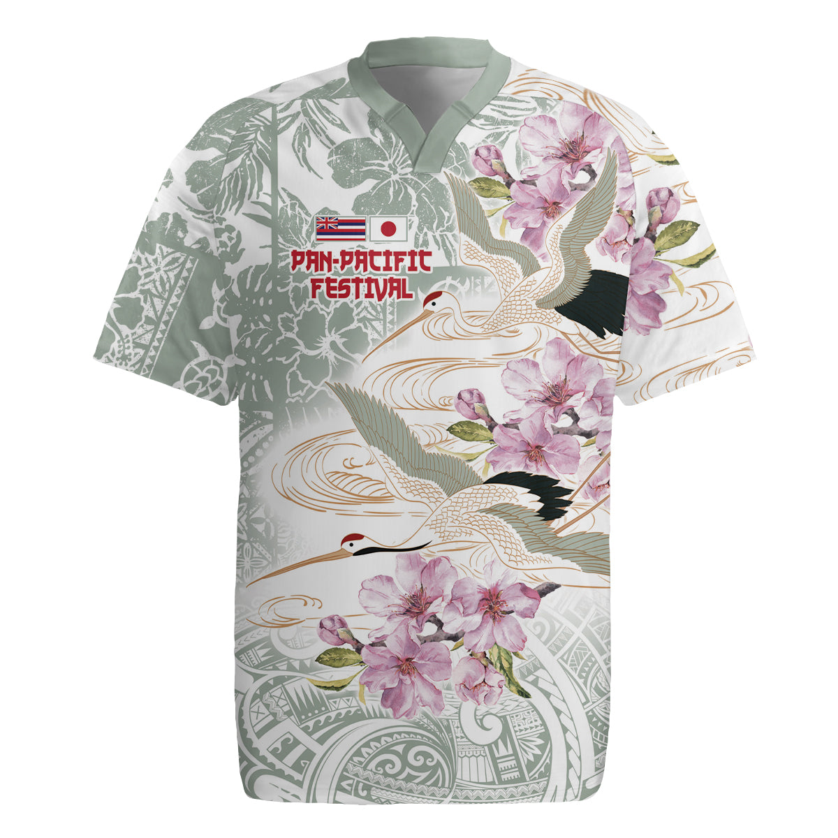 Personalized Japanese Shirasagi Bird Rugby Jersey Sakura and Hibiscus Polynesian Pattern