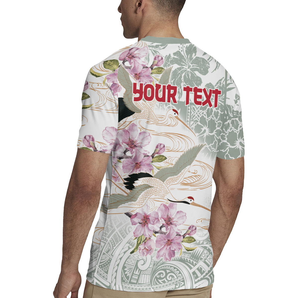 Personalized Japanese Shirasagi Bird Rugby Jersey Sakura and Hibiscus Polynesian Pattern