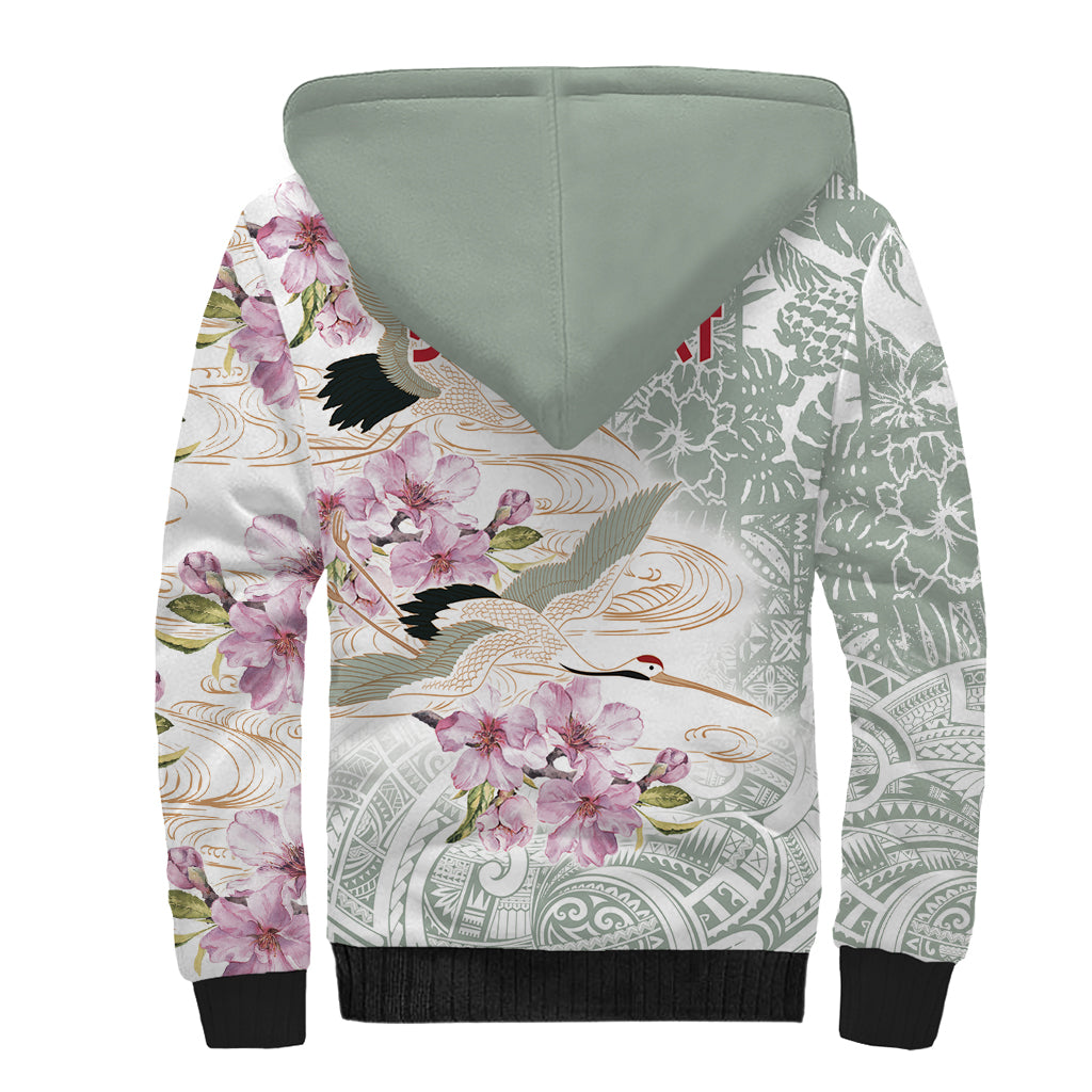 Personalized Japanese Shirasagi Bird Sherpa Hoodie Sakura and Hibiscus Polynesian Pattern