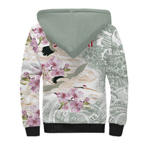 Personalized Japanese Shirasagi Bird Sherpa Hoodie Sakura and Hibiscus Polynesian Pattern