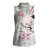 Personalized Japanese Shirasagi Bird Women Sleeveless Polo Shirt Sakura and Hibiscus Polynesian Pattern