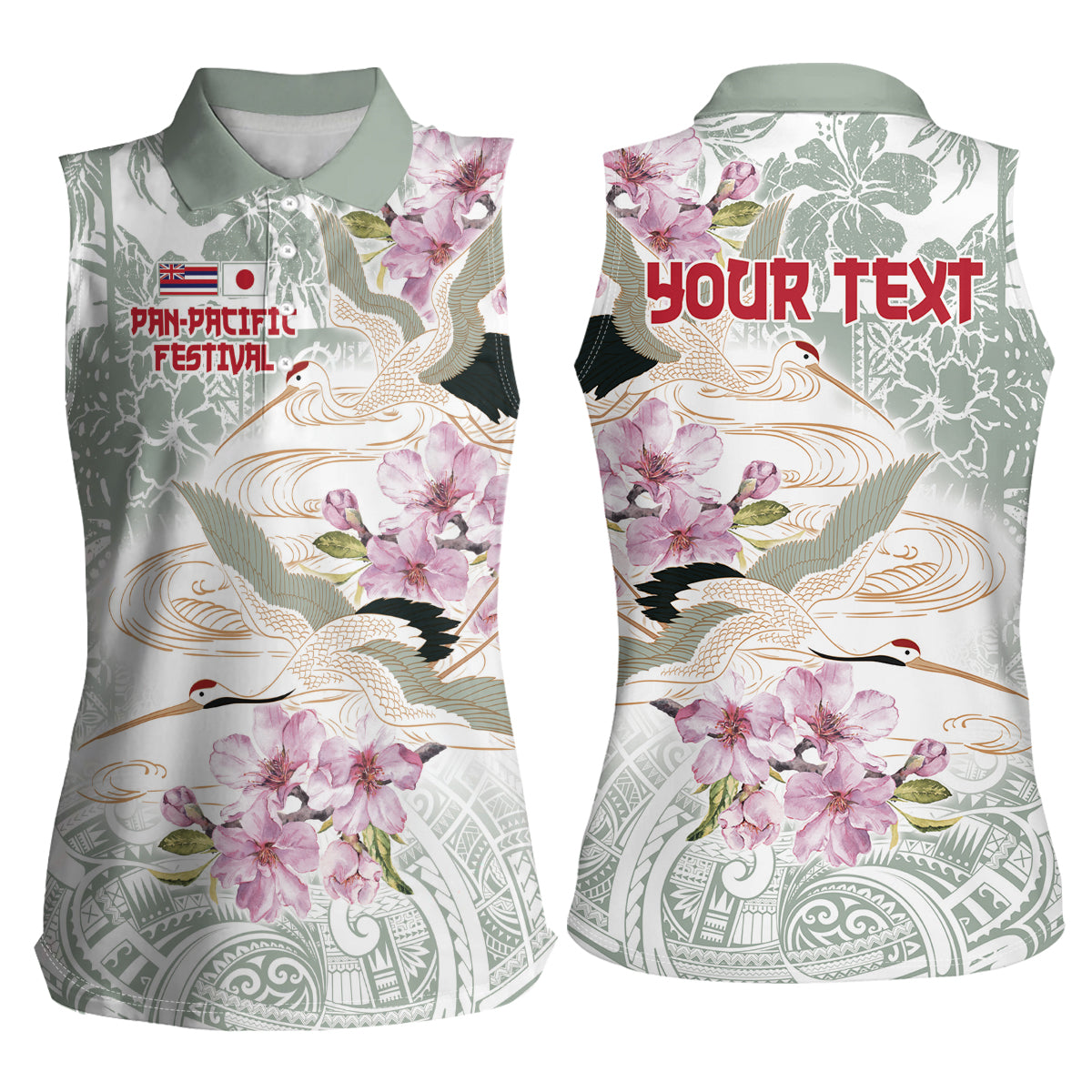 Personalized Japanese Shirasagi Bird Women Sleeveless Polo Shirt Sakura and Hibiscus Polynesian Pattern