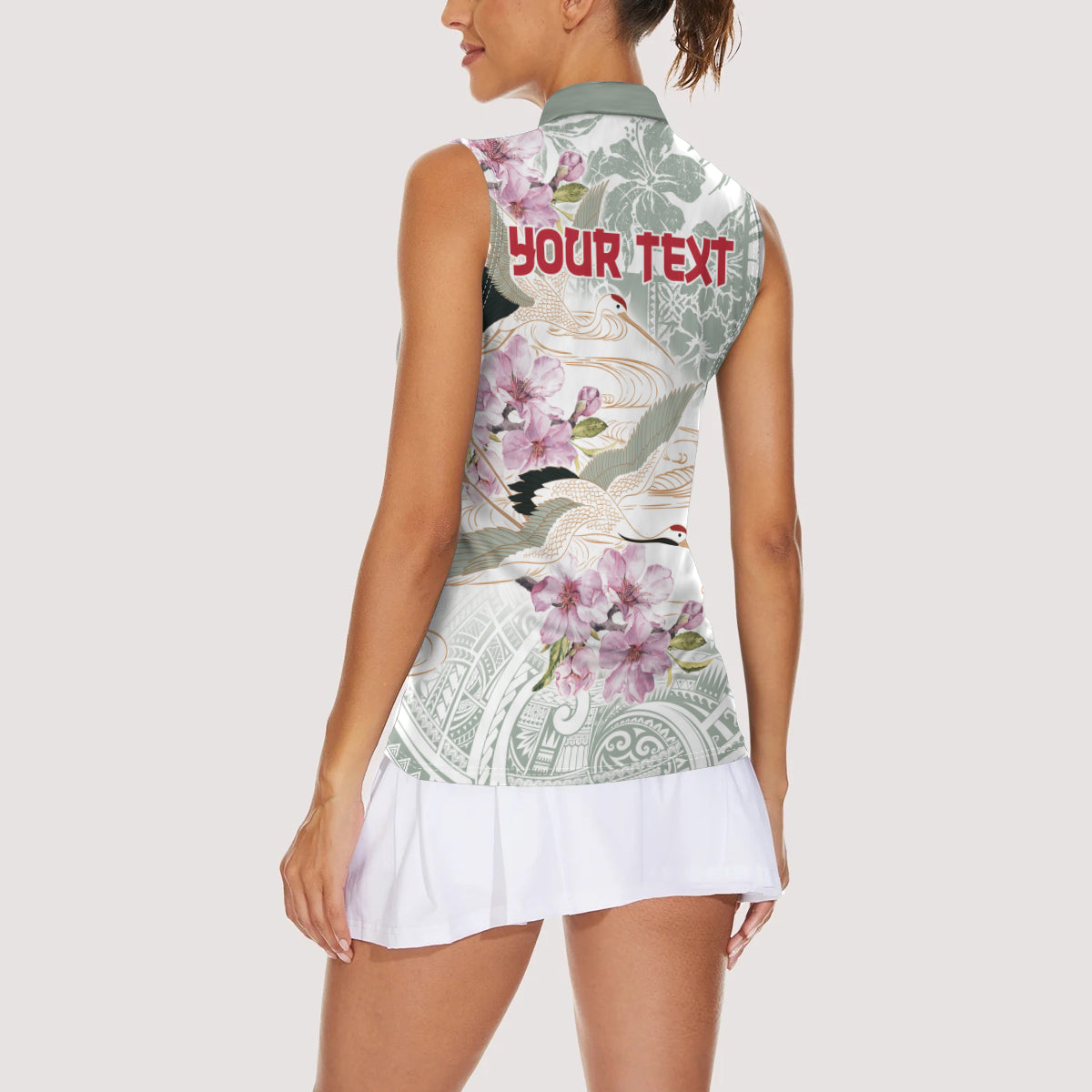 Personalized Japanese Shirasagi Bird Women Sleeveless Polo Shirt Sakura and Hibiscus Polynesian Pattern