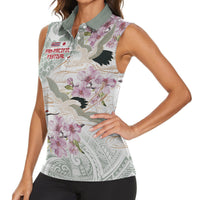 Personalized Japanese Shirasagi Bird Women Sleeveless Polo Shirt Sakura and Hibiscus Polynesian Pattern