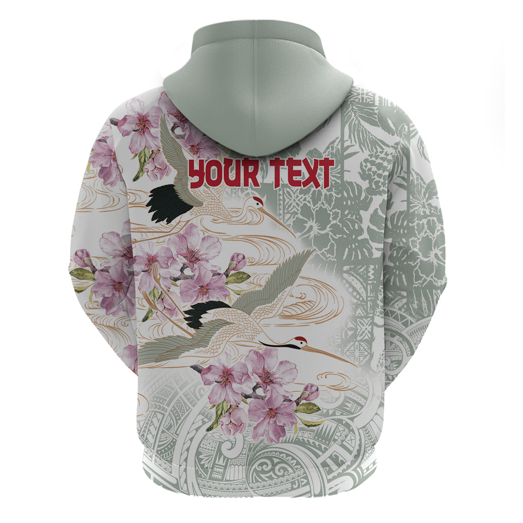 Personalized Japanese Shirasagi Bird Zip Hoodie Sakura and Hibiscus Polynesian Pattern
