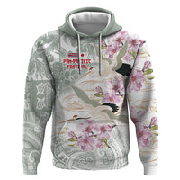 Personalized Japanese Shirasagi Bird Zip Hoodie Sakura and Hibiscus Polynesian Pattern