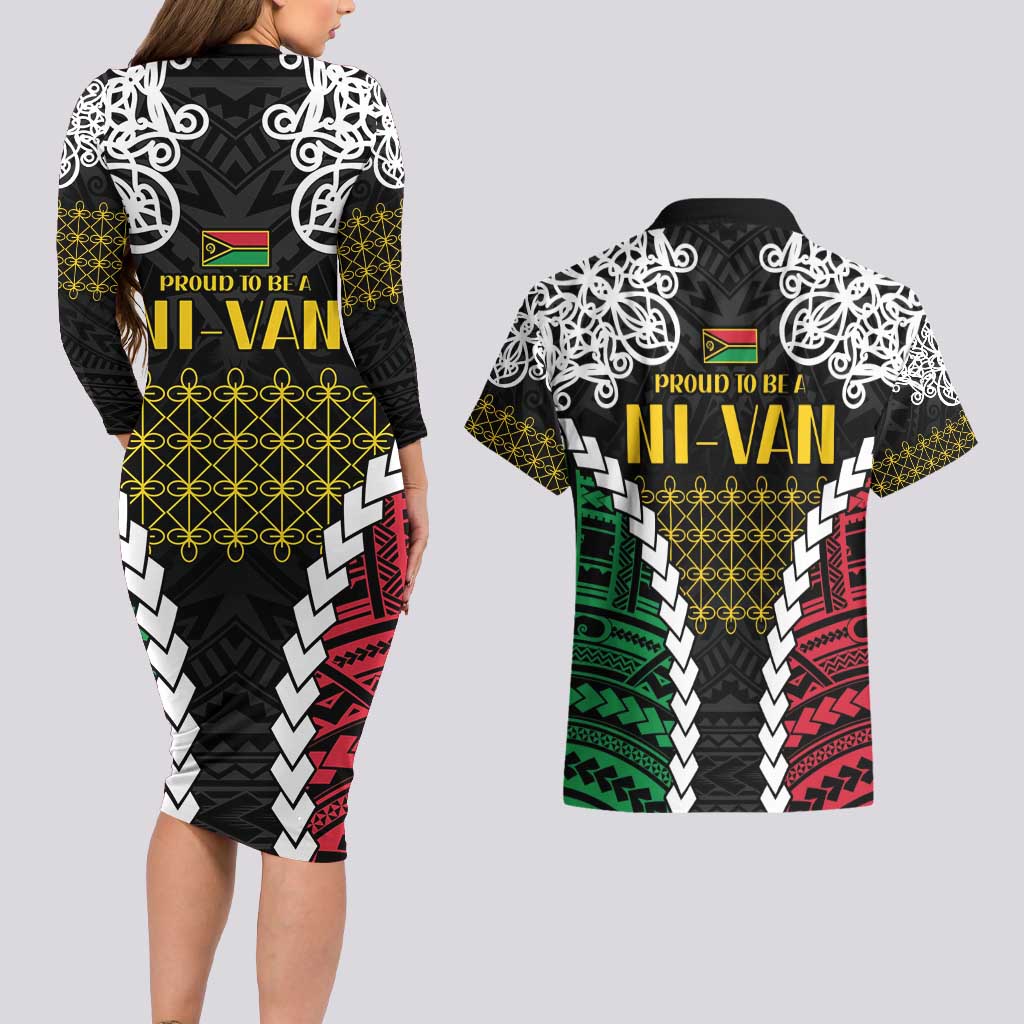 Halo Vanuatu Pride Couples Matching Long Sleeve Bodycon Dress and Hawaiian Shirt Vanuatuan Sand Drawing Pattern LT9 - Polynesian Pride