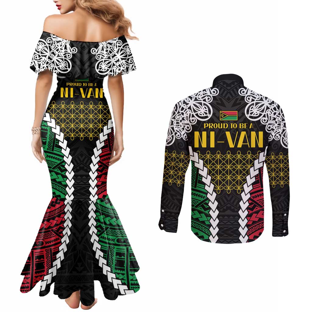 Halo Vanuatu Pride Couples Matching Mermaid Dress and Long Sleeve Button Shirt Vanuatuan Sand Drawing Pattern LT9 - Polynesian Pride