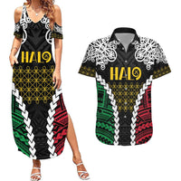 Halo Vanuatu Pride Couples Matching Summer Maxi Dress and Hawaiian Shirt Vanuatuan Sand Drawing Pattern LT9 Black - Polynesian Pride
