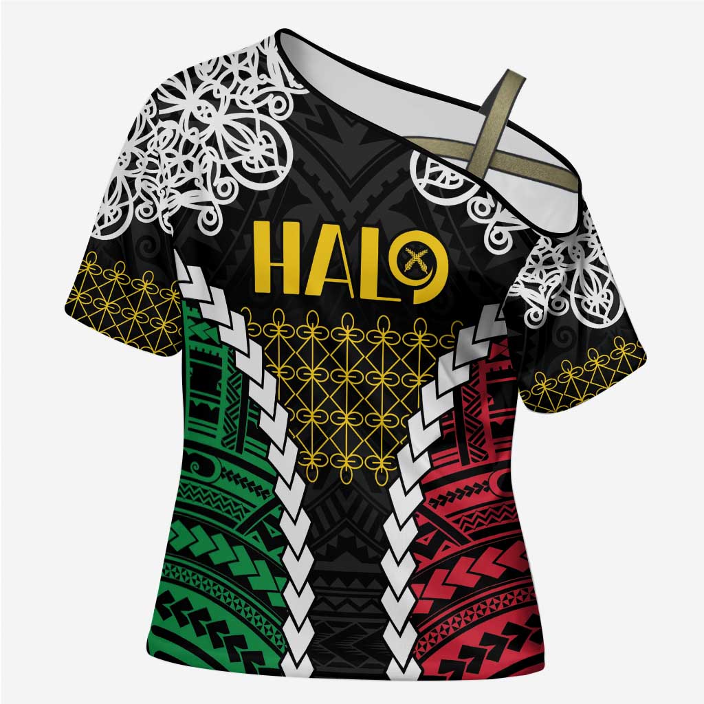 Halo Vanuatu Pride Cross Shoulder Shirt Vanuatuan Sand Drawing Pattern - Polynesian Pride
