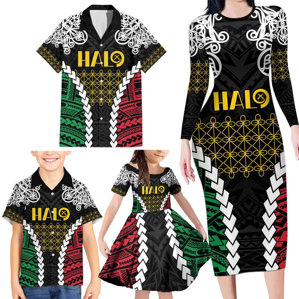 Halo Vanuatu Pride Family Matching Long Sleeve Bodycon Dress and Hawaiian Shirt Vanuatuan Sand Drawing Pattern LT9 - Polynesian Pride