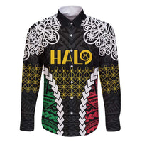 Halo Vanuatu Pride Family Matching Long Sleeve Bodycon Dress and Hawaiian Shirt Vanuatuan Sand Drawing Pattern LT9 Dad's Shirt - Long Sleeve Black - Polynesian Pride