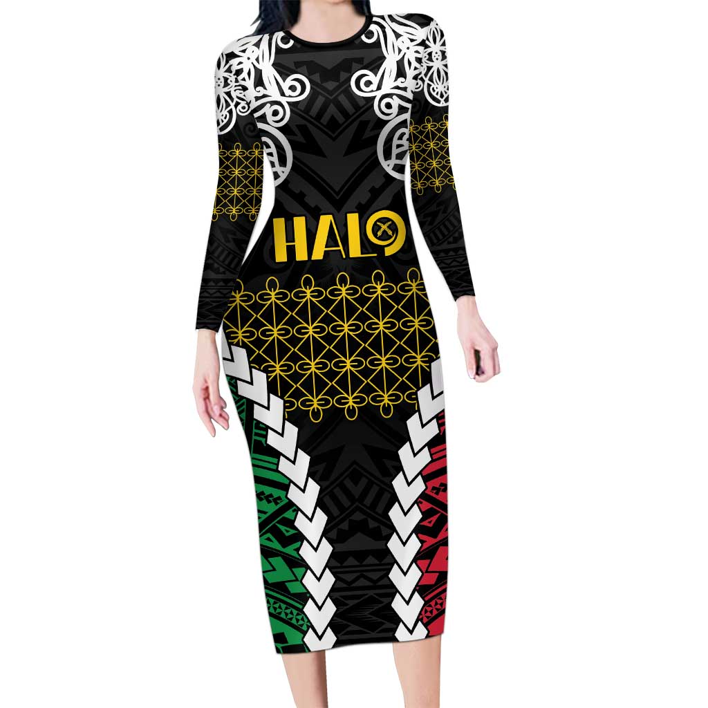 Halo Vanuatu Pride Family Matching Long Sleeve Bodycon Dress and Hawaiian Shirt Vanuatuan Sand Drawing Pattern LT9 Mom's Dress Black - Polynesian Pride