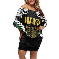 Halo Vanuatu Pride Family Matching Off Shoulder Short Dress and Hawaiian Shirt Vanuatuan Sand Drawing Pattern LT9 Mom's Dress Black - Polynesian Pride