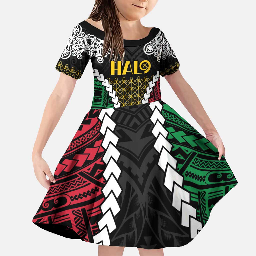 Halo Vanuatu Pride Family Matching Tank Maxi Dress and Hawaiian Shirt Vanuatuan Sand Drawing Pattern LT9 Daughter's Dress Black - Polynesian Pride