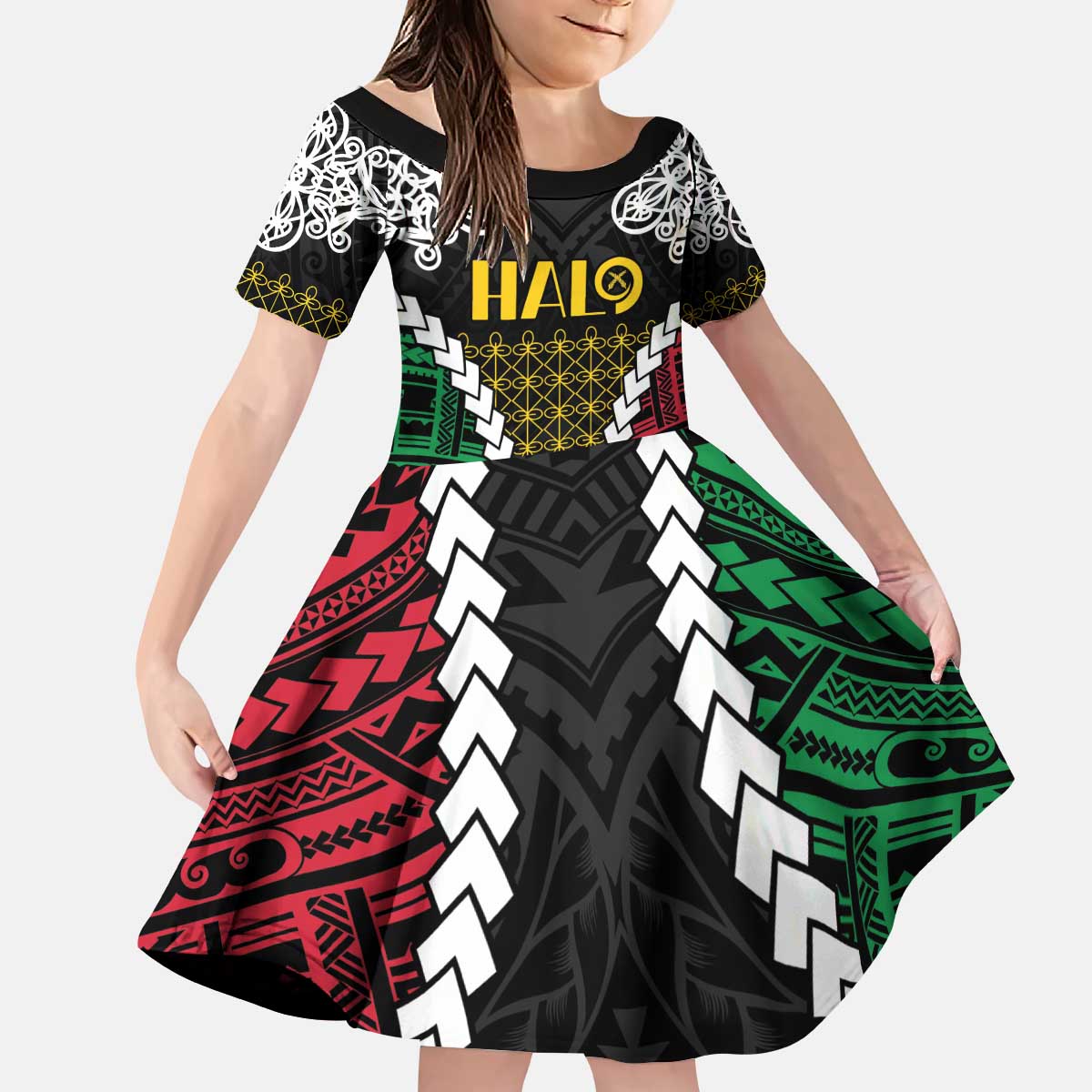 Halo Vanuatu Pride Kid Short Sleeve Dress Vanuatuan Sand Drawing Pattern LT9 KID Black - Polynesian Pride