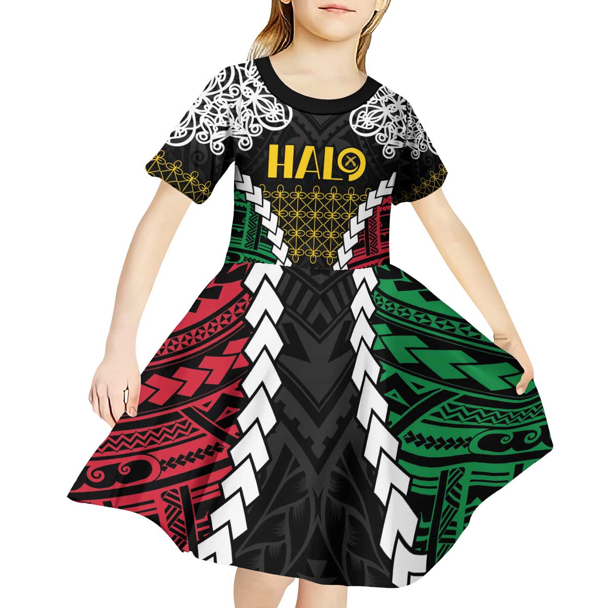 Halo Vanuatu Pride Kid Short Sleeve Dress Vanuatuan Sand Drawing Pattern LT9 - Polynesian Pride