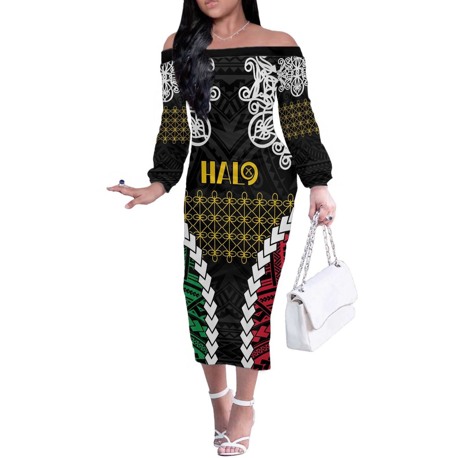 Halo Vanuatu Pride Off The Shoulder Long Sleeve Dress Vanuatuan Sand Drawing Pattern