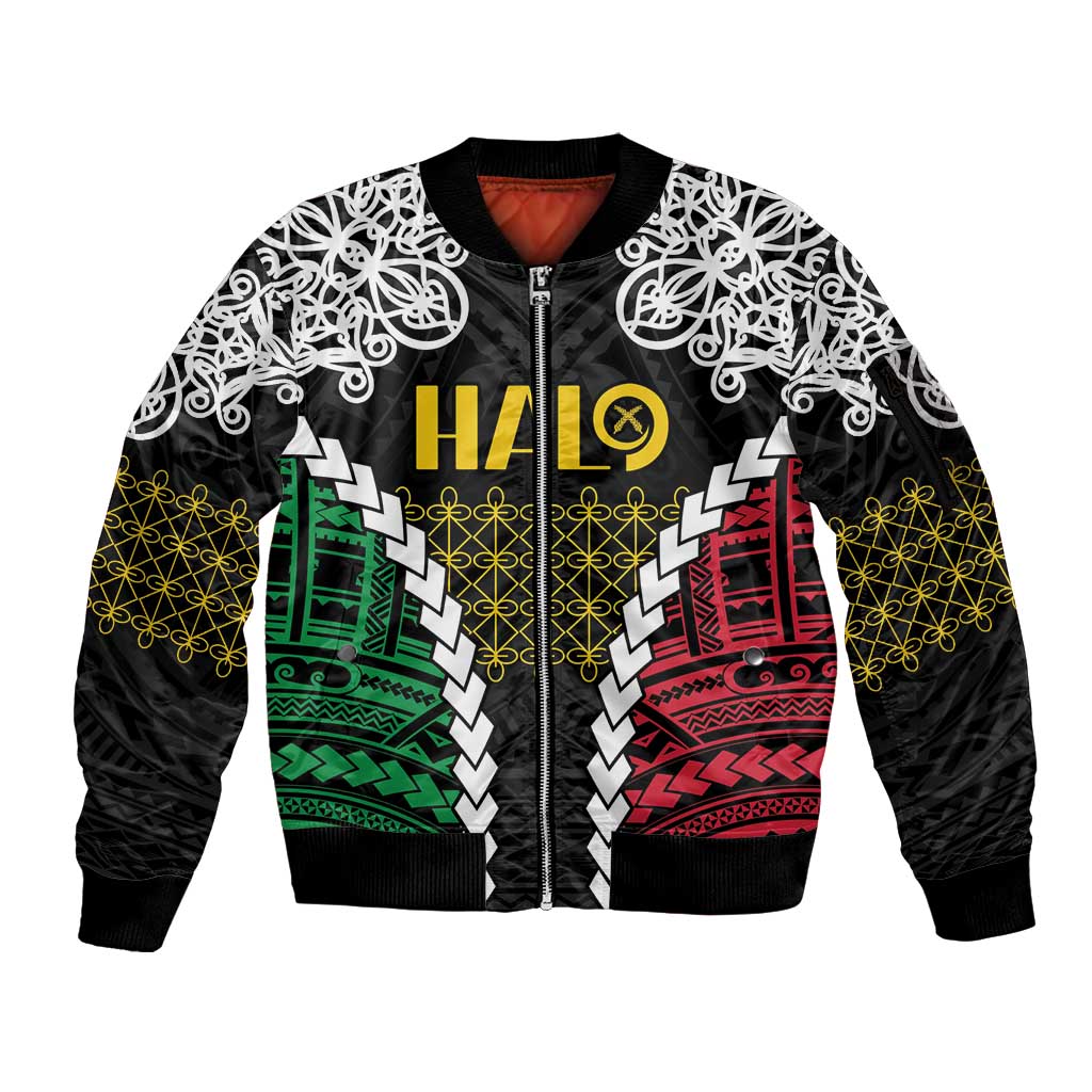 Halo Vanuatu Pride Sleeve Zip Bomber Jacket Vanuatuan Sand Drawing Pattern