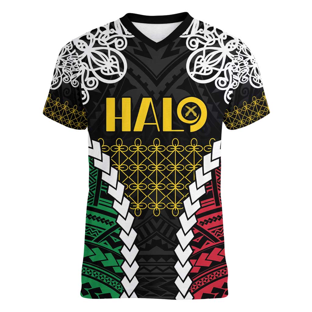 Halo Vanuatu Pride Women V-Neck T-Shirt Vanuatuan Sand Drawing Pattern LT9 Female Black - Polynesian Pride