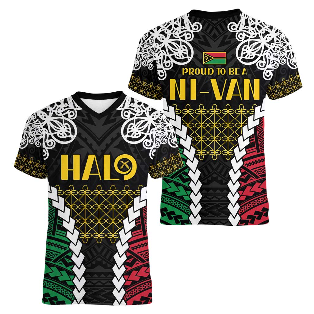 Halo Vanuatu Pride Women V-Neck T-Shirt Vanuatuan Sand Drawing Pattern LT9 - Polynesian Pride