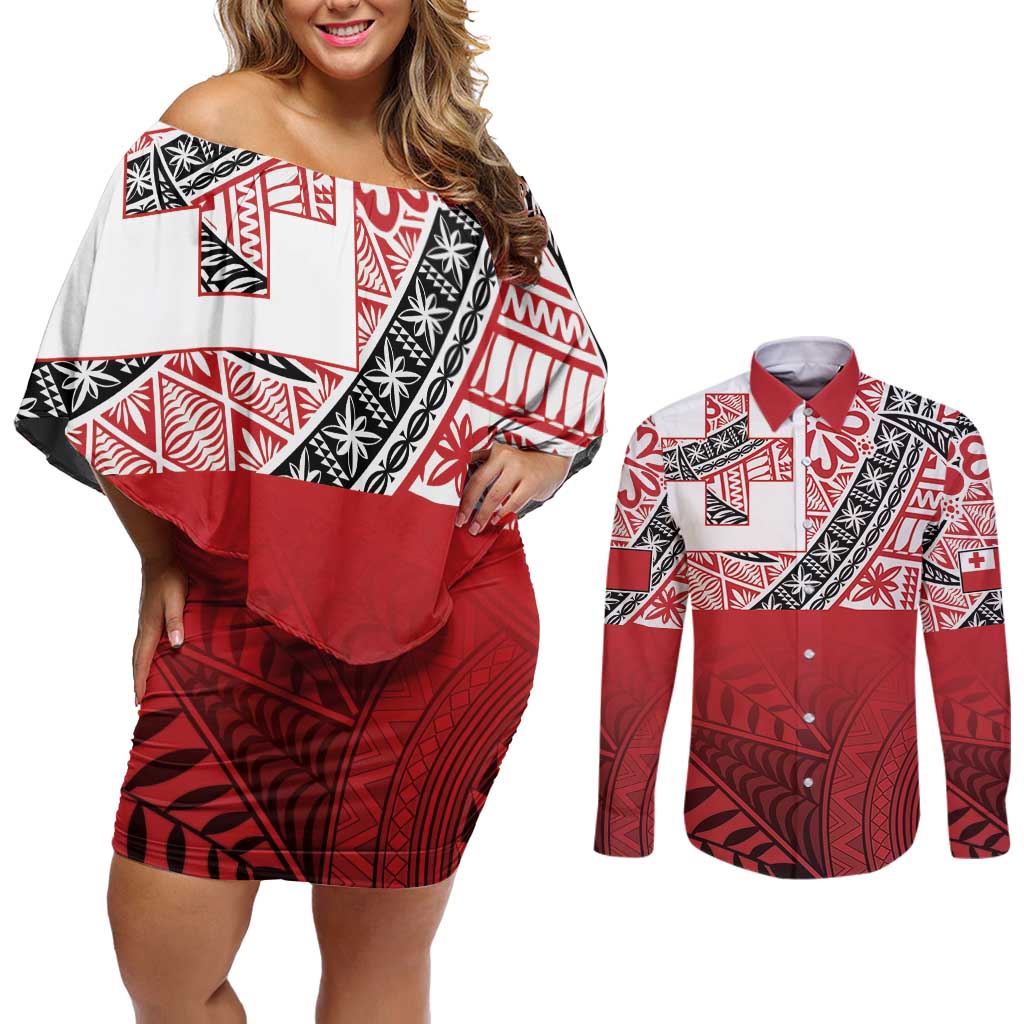 Malo e lelei Tonga Couples Matching Off Shoulder Short Dress and Long Sleeve Button Shirt Ngatu Tokelau Feletoa Fata Traditional Polynesian Pattern