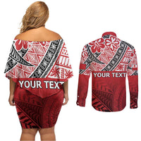 Malo e lelei Tonga Couples Matching Off Shoulder Short Dress and Long Sleeve Button Shirt Ngatu Tokelau Feletoa Fata Traditional Polynesian Pattern
