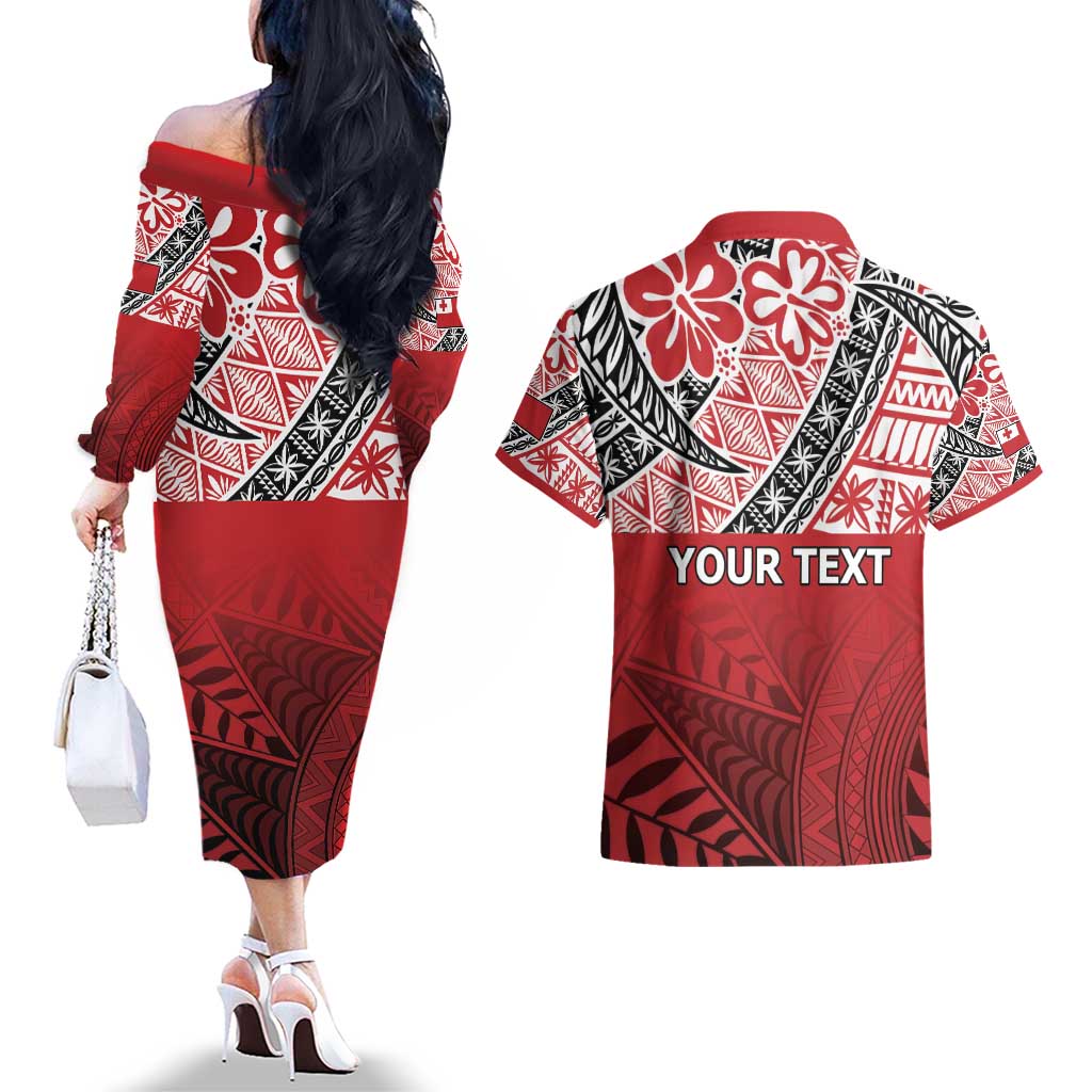 Malo e lelei Tonga Couples Matching Off The Shoulder Long Sleeve Dress and Hawaiian Shirt Ngatu Tokelau Feletoa Fata Traditional Polynesian Pattern