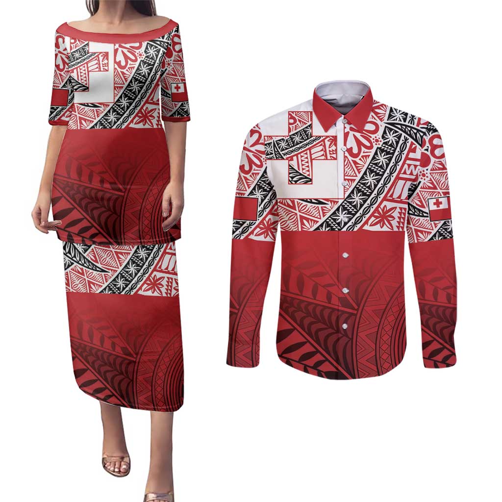 Malo e lelei Tonga Couples Matching Puletasi and Long Sleeve Button Shirt Ngatu Tokelau Feletoa Fata Traditional Polynesian Pattern