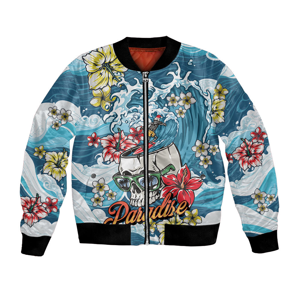 Hawaii Santa Skeleton Surfing Personalized Bomber Jacket Mele Kalikimaka i Iulai! LT9 Unisex Blue - Polynesian Pride